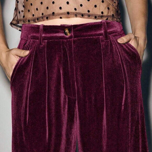Burgundy Casual Women's Elegant Velvet Pants - Picture 3 of 5